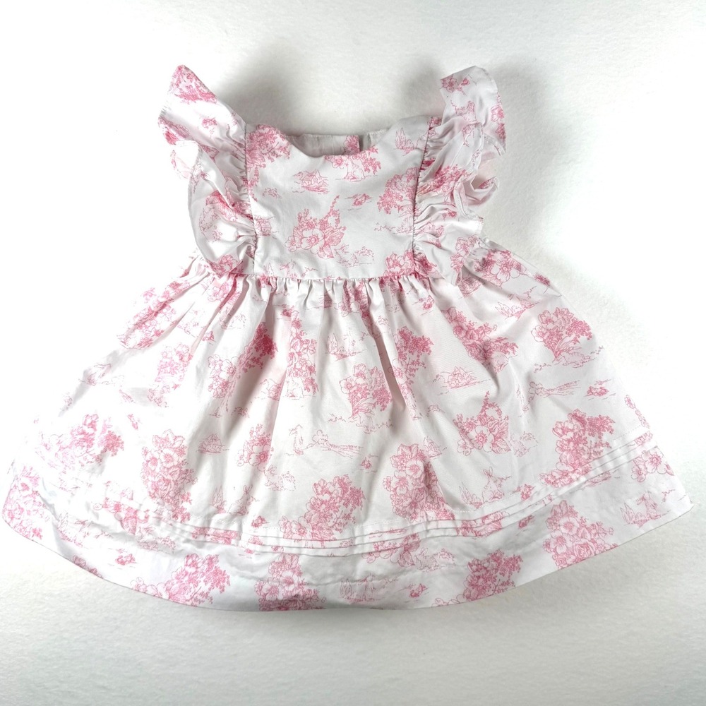 Janie‎ and Jack Baby Girls Pink White Toile Bunny Ruffle Dress 3-6 Months